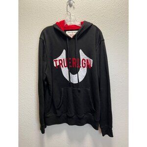 True Religion Black Hoodie With Red Logo XL Mens Pullover Sweatshirt Cotton/Poly